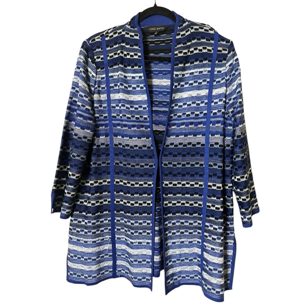 Ming Wang Cardigan Striped Relaxed Fit 3/4 Sleeve Knit Sweater Blue Women's L